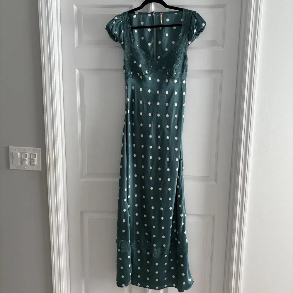 Free People Womens Butterfly Babe Polka Dot Sz Small Green Satin Maxi Dress EUC